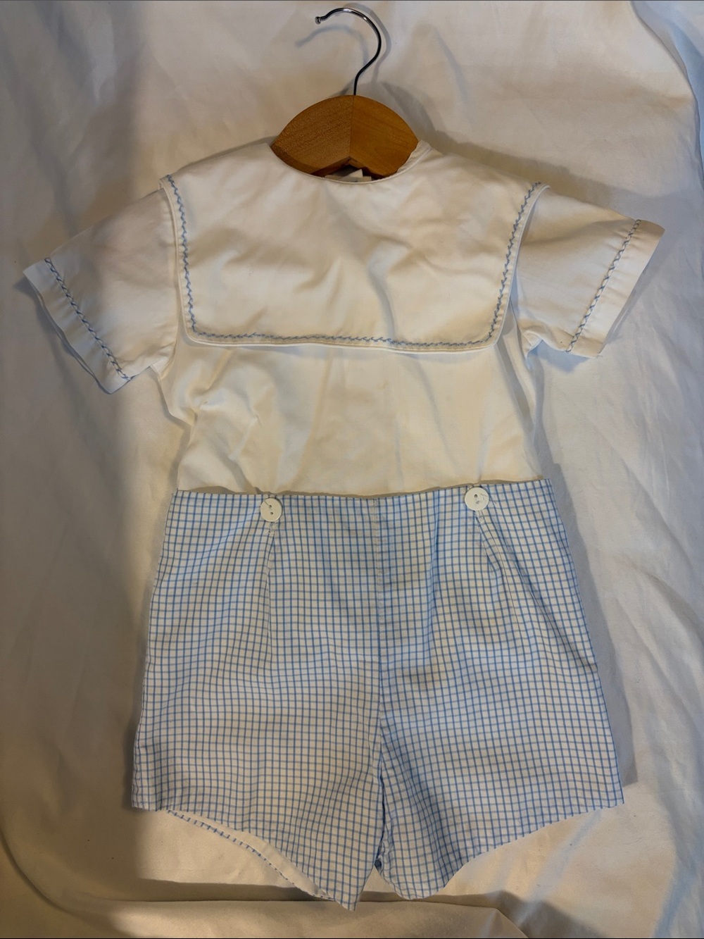 White Sailor Top and Light Blue Check Shorts Kids Matching Set